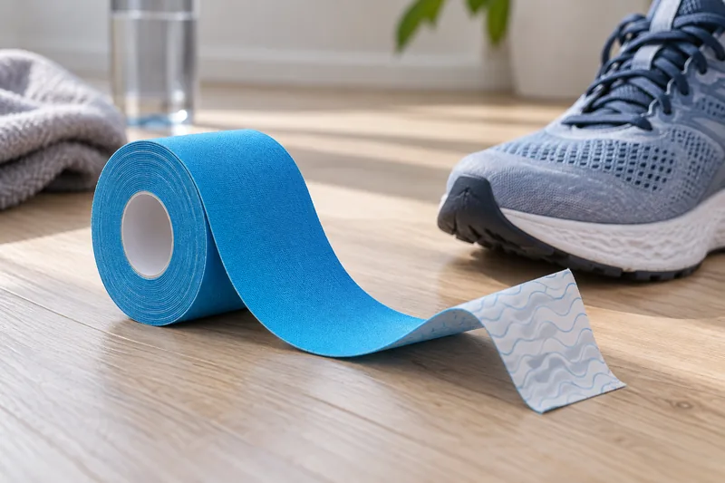 Rulle med blå elastisk kinesiotejp med vågmönstrat klister på skyddspappret