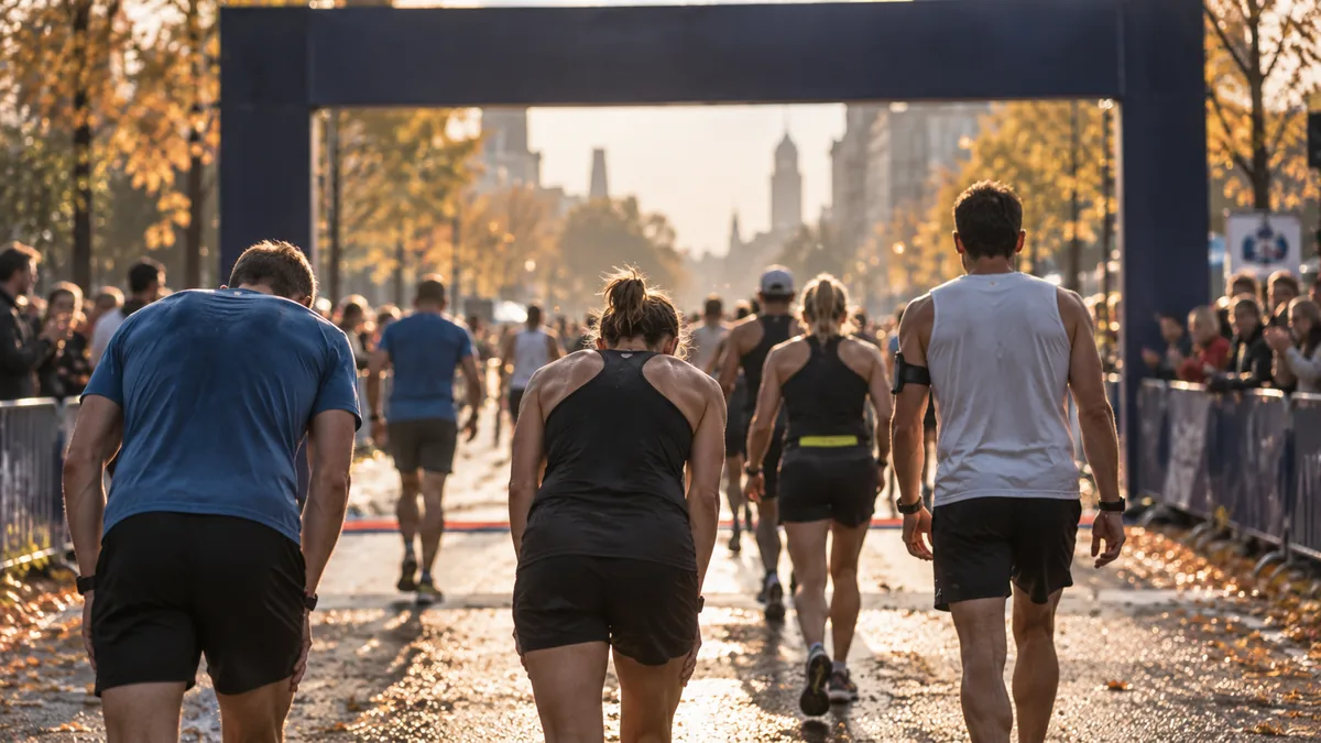 Trötta motionslöpare går genom målportalen efter ett maraton, sedda bakifrån i höstligt morgonljus