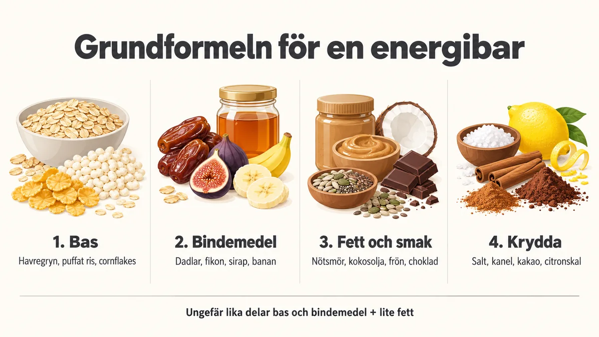 Infografik: grundformeln för en energibar i fyra delar – bas, bindemedel, fett och smak samt krydda