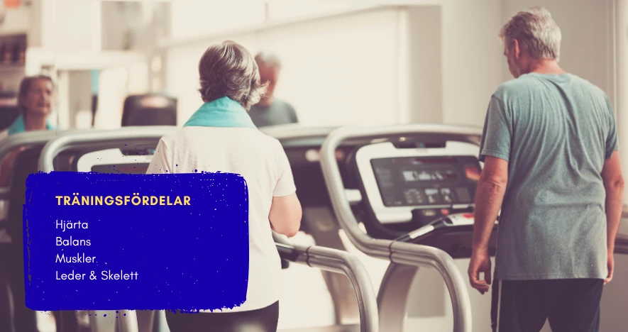 Två seniorer står på varsitt löpband och ska göra dagens motionspass