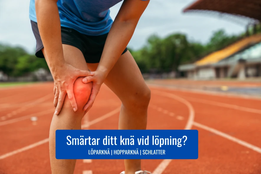 En löpare står på löparbanan och tar sig åt sitt ena knä som gör ont