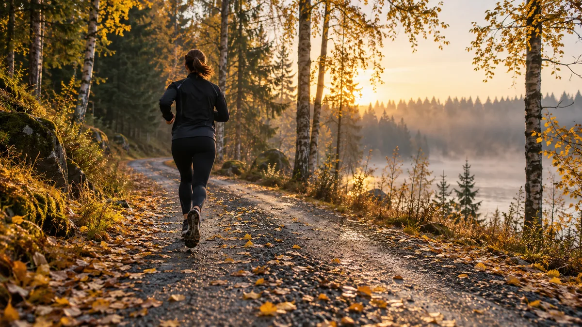 Löpare springer på en grusväg genom höstskog i gryningsljus
