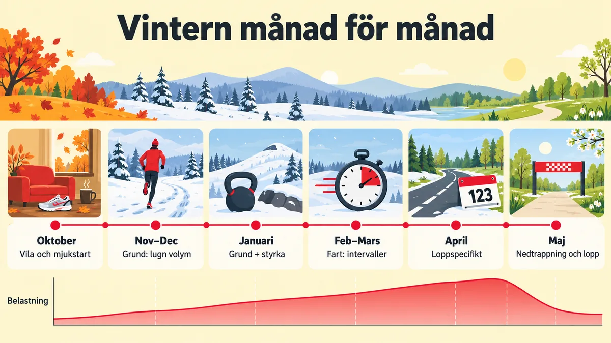 Infografik: vinterns träning månad för månad från vila i oktober via grund, styrka och fart till nedtrappning och lopp i maj