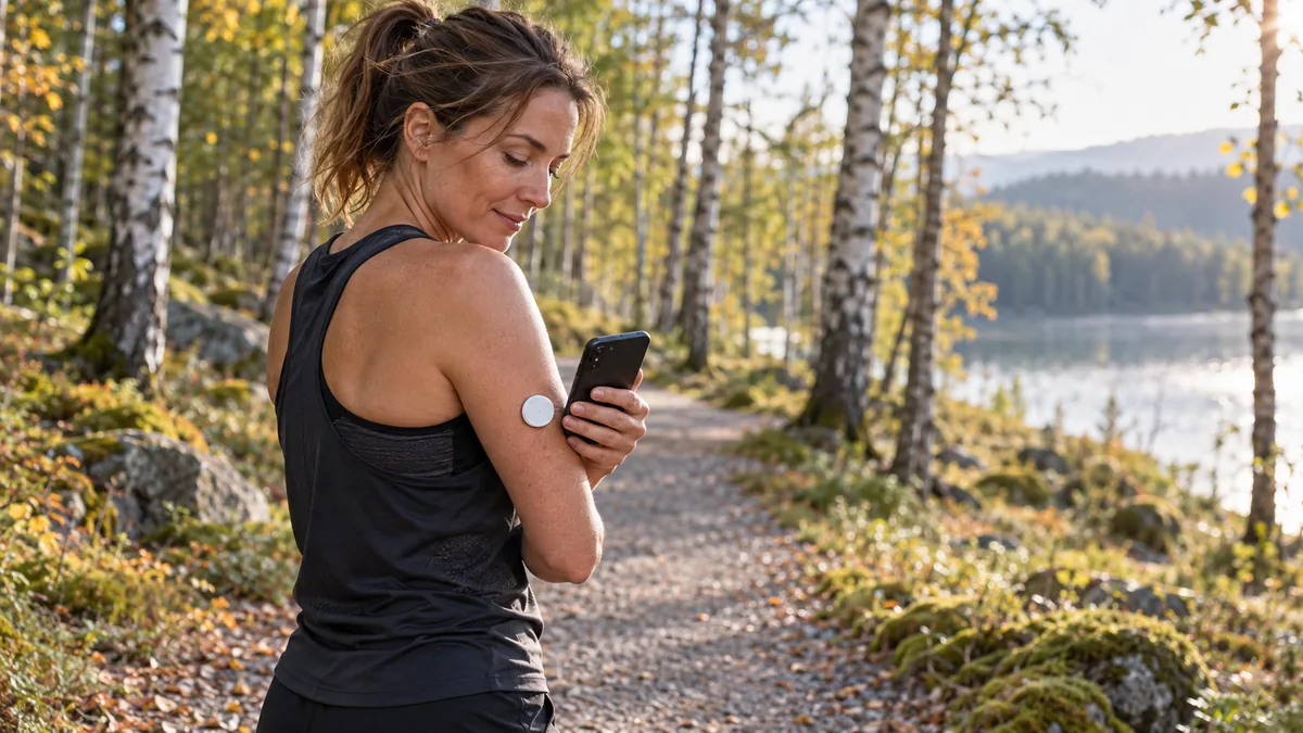 Löpare i höstskog läser av en glukossensor på överarmen med mobilen