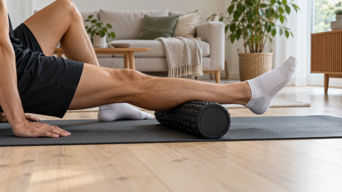 Löpare rullar vaden på en foamroller på en yogamatta hemma