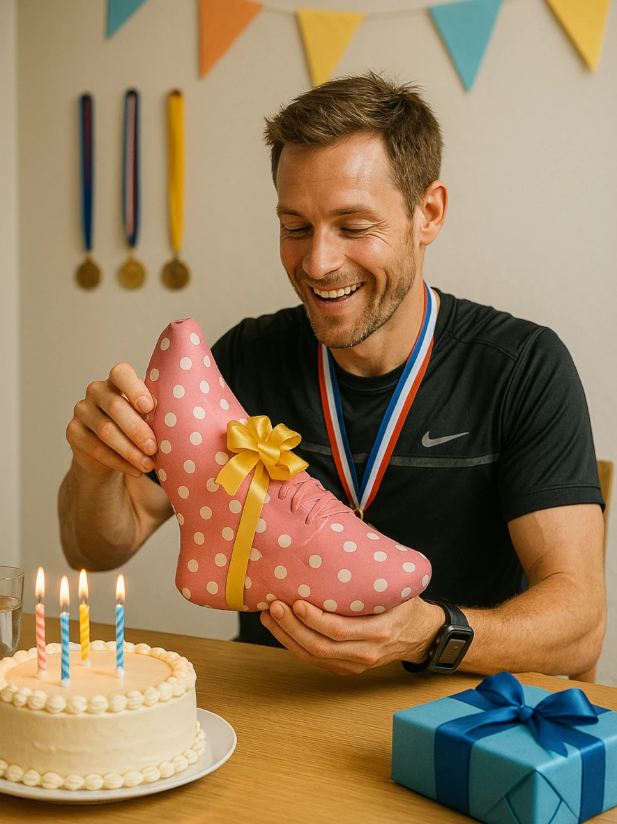 En löpare sitter vid bordet med en present i händerna som ser ut att vara löparskor inslagna direkt med presentpapper utan skokartong, en tårta med 4 tända ljus på matbordet och några medaljer hänger på väggen bakom