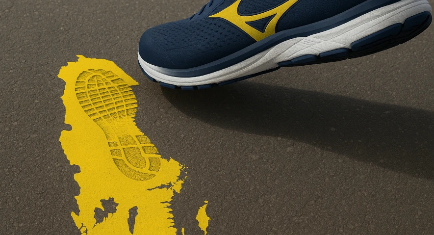 En svensk löparsko lämnar fotavtryck på en svensk karta målad med gul färg på asfalten