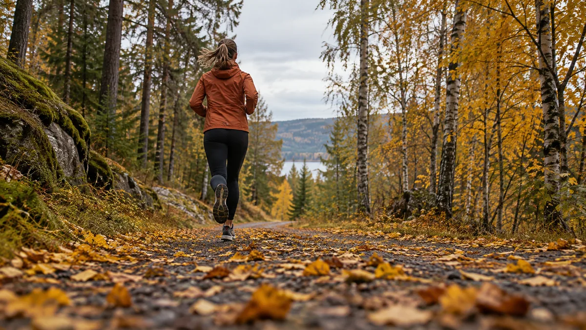 Löpare på en grusväg genom höstskog med gula löv